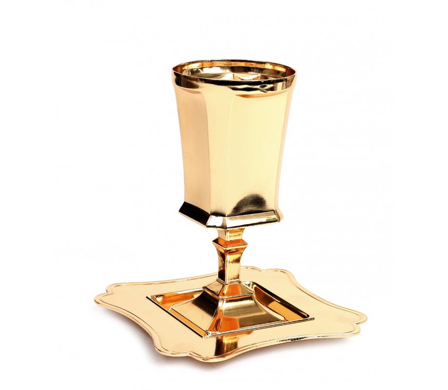 Gold Kiddush Cup on Stem, Smooth Finish - Square Design
