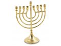 Gold Metal Chanukah Menorah, Lyre Image, For Candles - 9 Inches