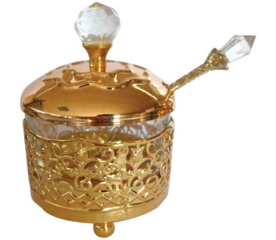 Gold Metal and Glass Rosh Hashanah Honey Dish with Cover and Spoon - Filigree