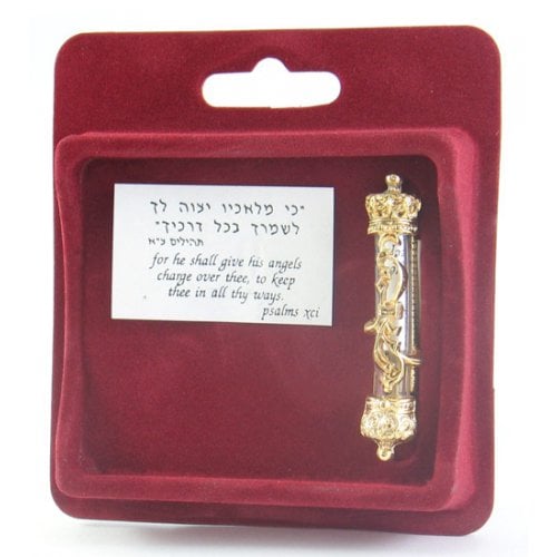 Gold Plated Car Mezuzah with Visible Scroll - Divine Name and Crown Design