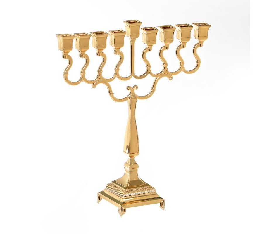 Gold Plated Chanukah Menorah, Swirls and Square Design - 8.6
