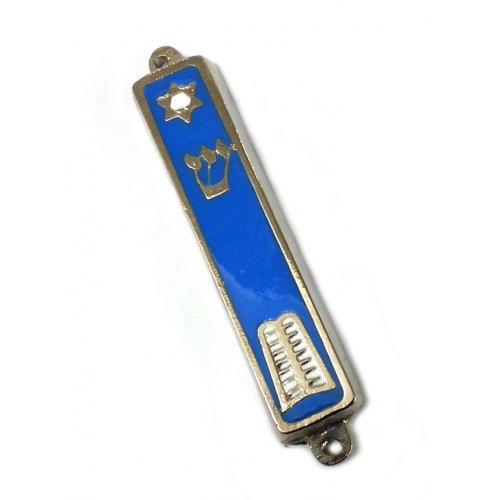 Gold Plated Mezuzah Case, Star of David and Ten Commandments Tablet - Blue