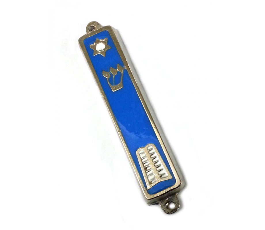 Gold Plated Mezuzah Case, Star of David and Ten Commandments Tablet - Blue