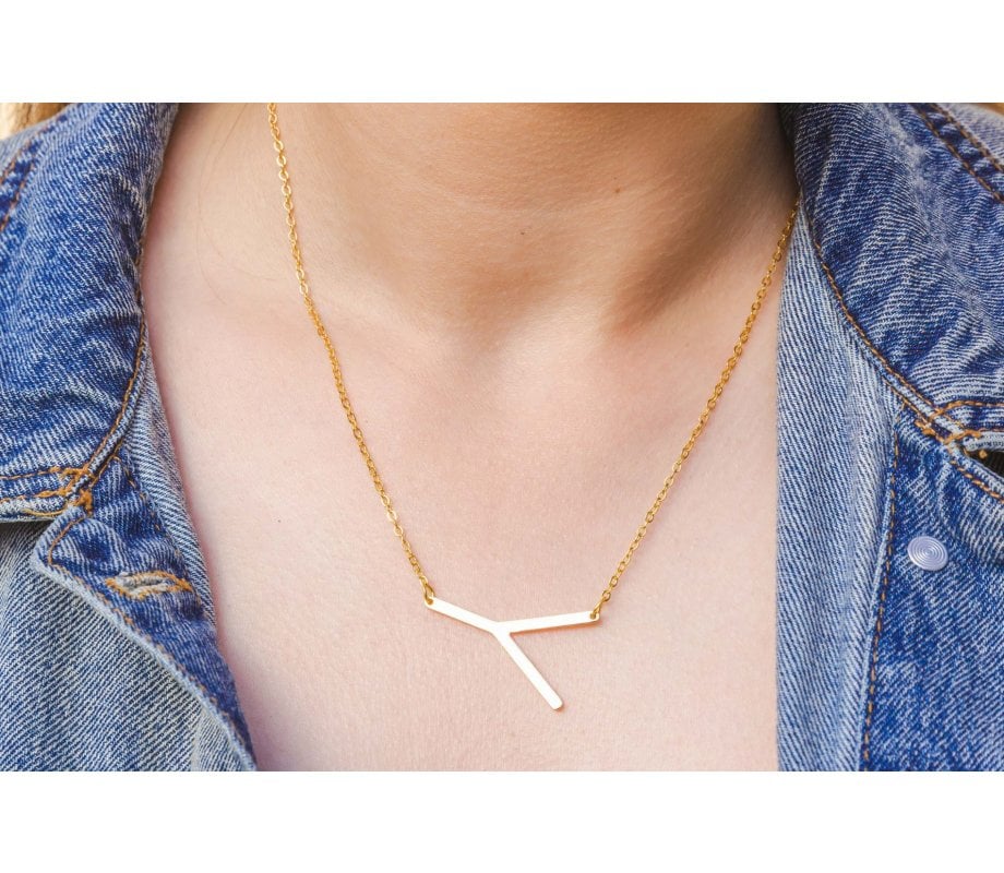 Gold Plated Stainless Steel Necklace Sideway Letter Pendant - Yellow or Rose Gold