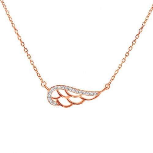 Gold Plated Sterling Silver Feather Necklace, Zircons - Yellow or Rose Gold Plate