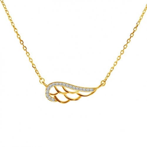 Gold Plated Sterling Silver Feather Necklace, Zircons - Yellow or Rose Gold Plate