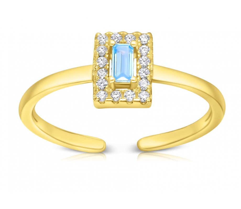 Gold Plated Sterling Silver Ring, Blue Zircon in Center Framed with Small Zircons