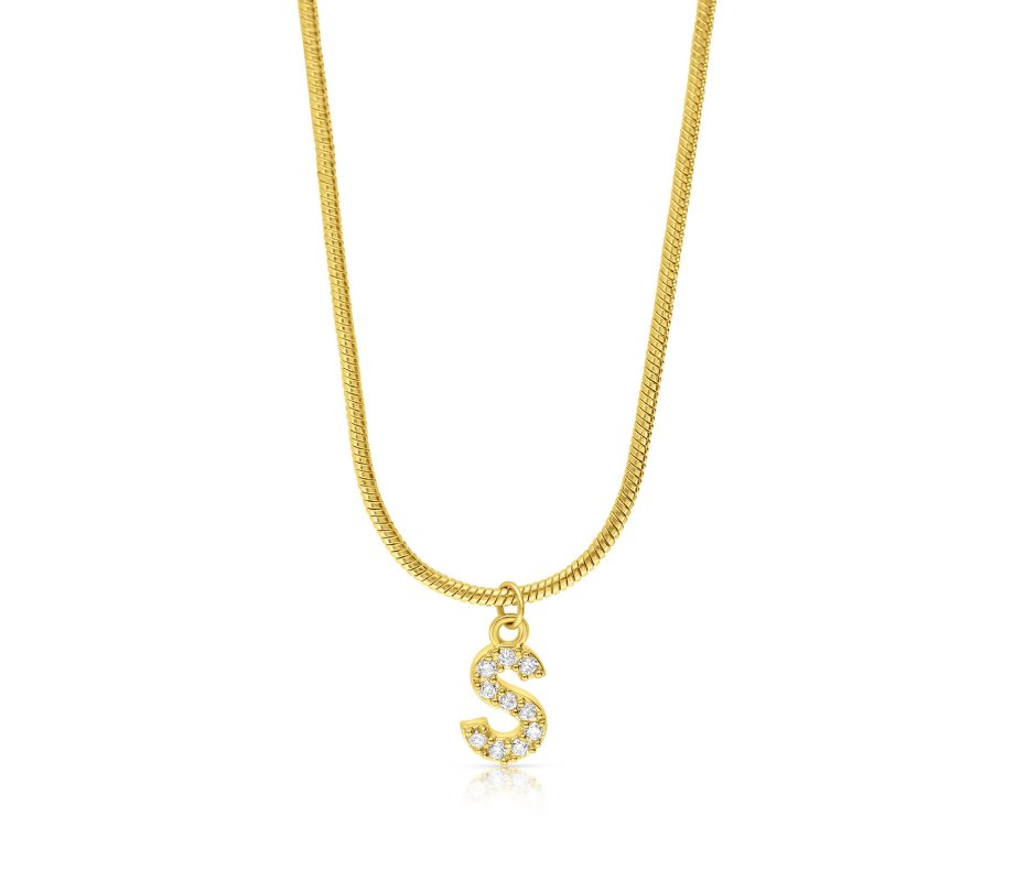 Gold Plated Sterling Silver Snake Chain Necklace with Zircon Letter Pendant