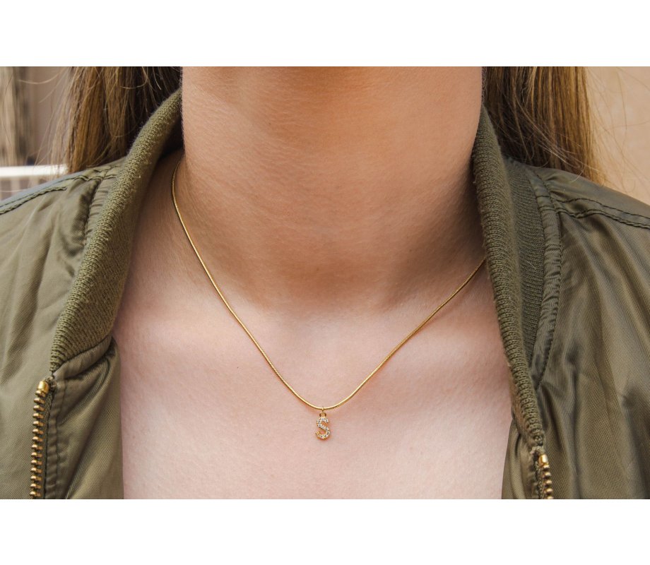 Gold Plated Sterling Silver Snake Chain Necklace with Zircon Letter Pendant