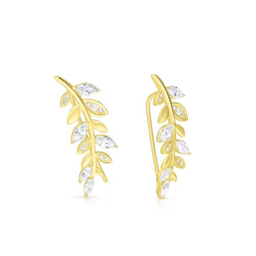 Gold Plated Sterling Silver Stud Earrings with Zircons - Climbing Leaf Design