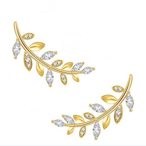 Gold Plated Sterling Silver Stud Earrings with Zircons - Climbing Leaf Design