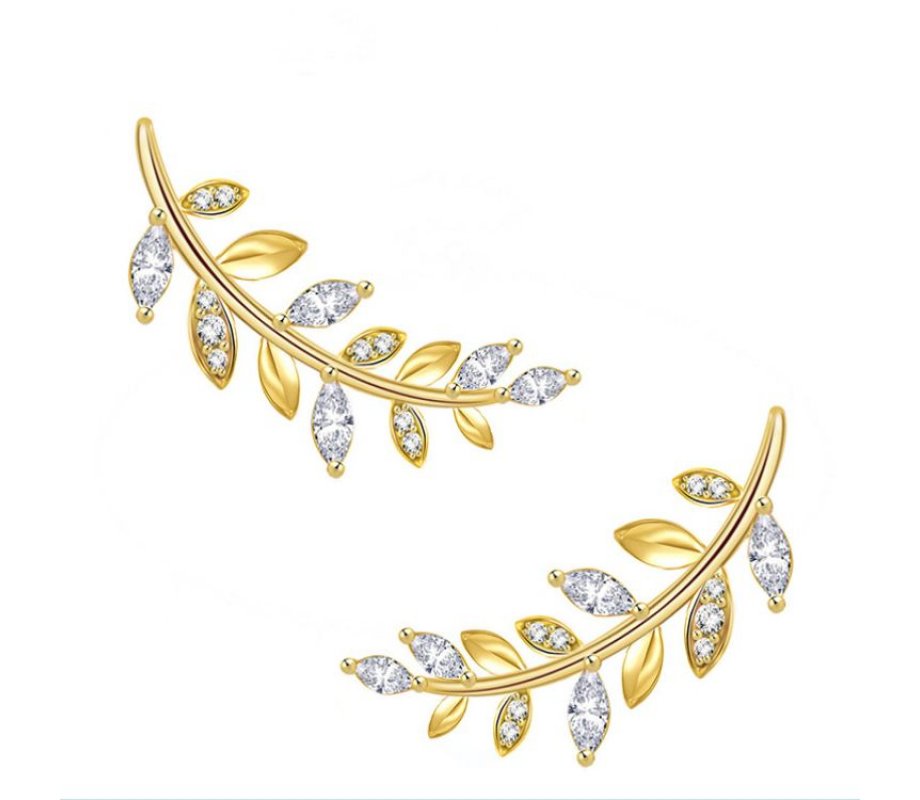 Gold Plated Sterling Silver Stud Earrings with Zircons - Climbing Leaf Design