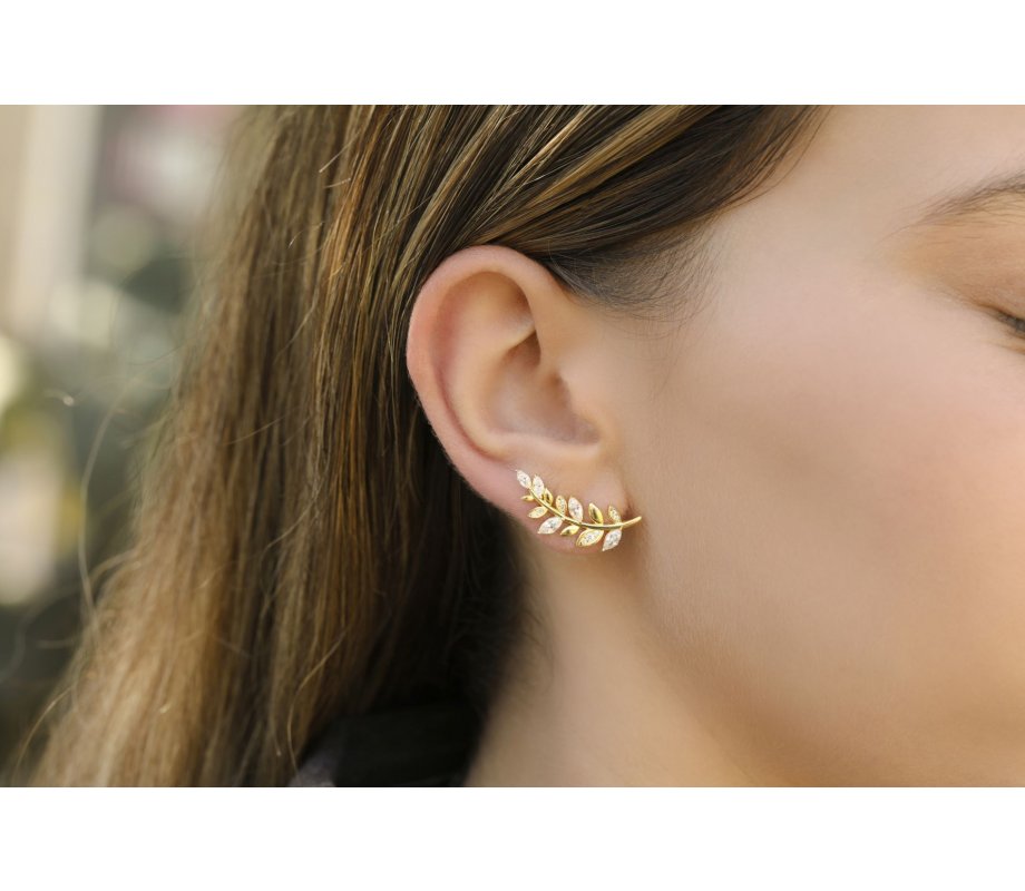 Gold Plated Sterling Silver Stud Earrings with Zircons - Climbing Leaf Design