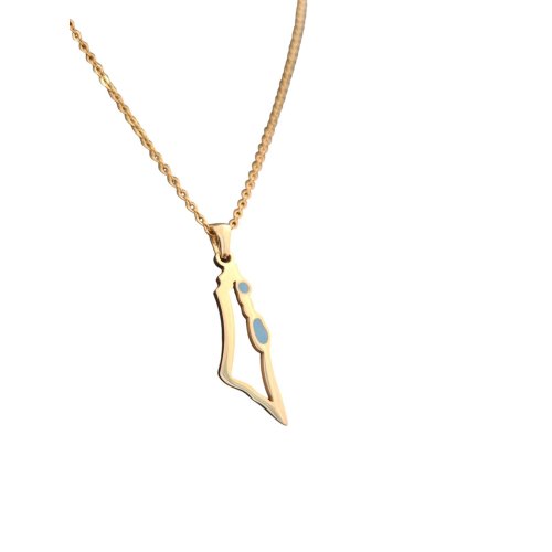 Gold Stainless Steel Pendant Necklace, Outline Map of Israel with Blue Enamel