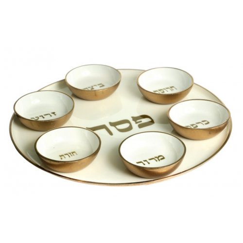 Gold and White Seder Plate with Six Matching Bowls  Enamel and Aluminum