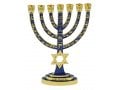 Gold with Blue Enamel 7-Branch Menorah, Judaic Emblems and Star of David – 9.5”