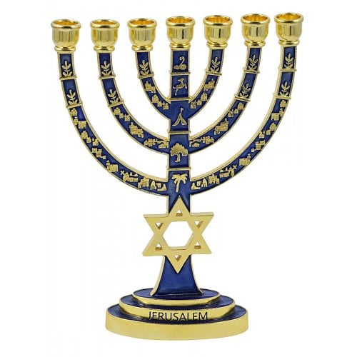 Gold with Blue Enamel 7-Branch Menorah, Judaic Emblems and Star of David – 9.5”