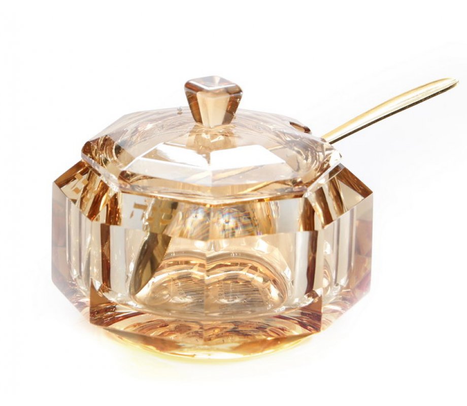 Golden Amber Glass Rosh Hashanah honey jar with lid and spoon