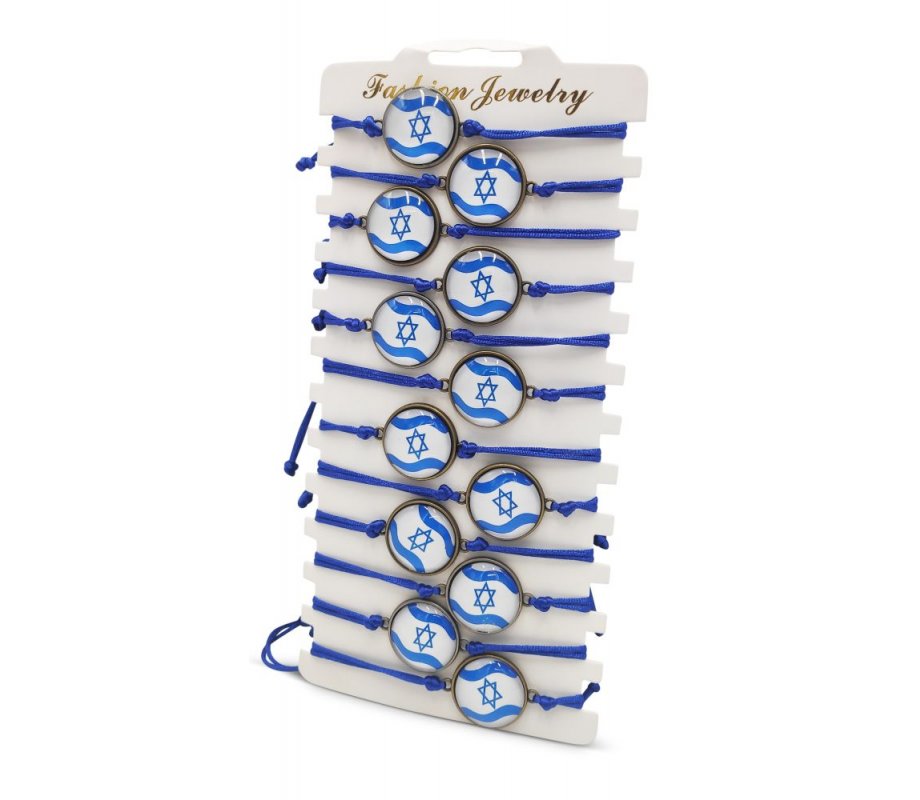 Good Luck Blue Cord Bracelets with Flag of Israel Disc – Package of 12