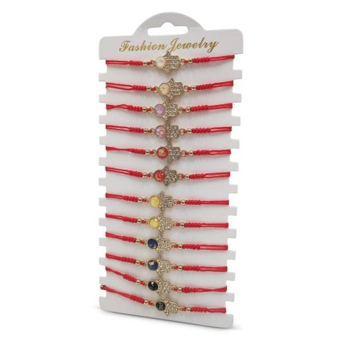 Good Luck Red Cord Bracelets, Decorative Gold Hamsas - Package of 12
