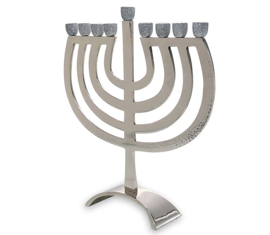 Graceful Chanukah Menorah with Glittering Silver Cups, Aluminum - 12.5 Inches