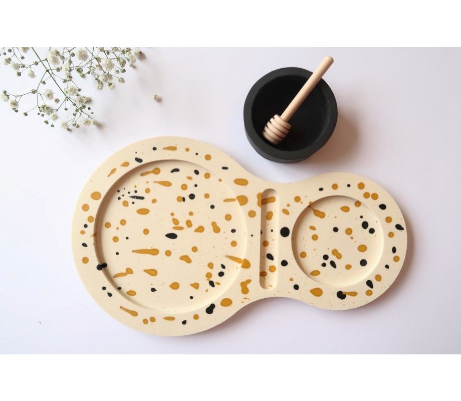 Graciela Noemi Handcrafted Apple Tray with Abstract Design and Black Honey Dish