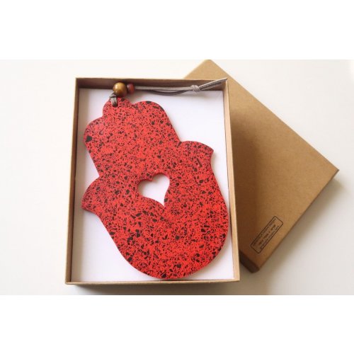 Graciela Noemi Handcrafted Terrazzo Hamsa, Cutout Heart  Red and Black Dots