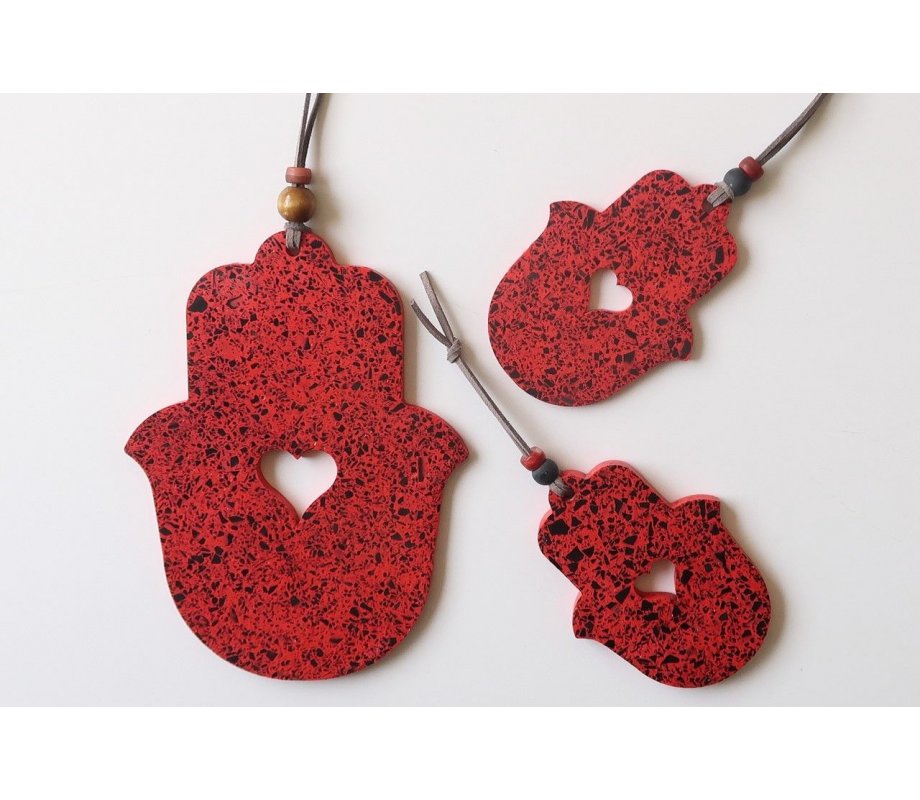 Graciela Noemi Handcrafted Terrazzo Hamsa, Cutout Heart – Red and Black Dots