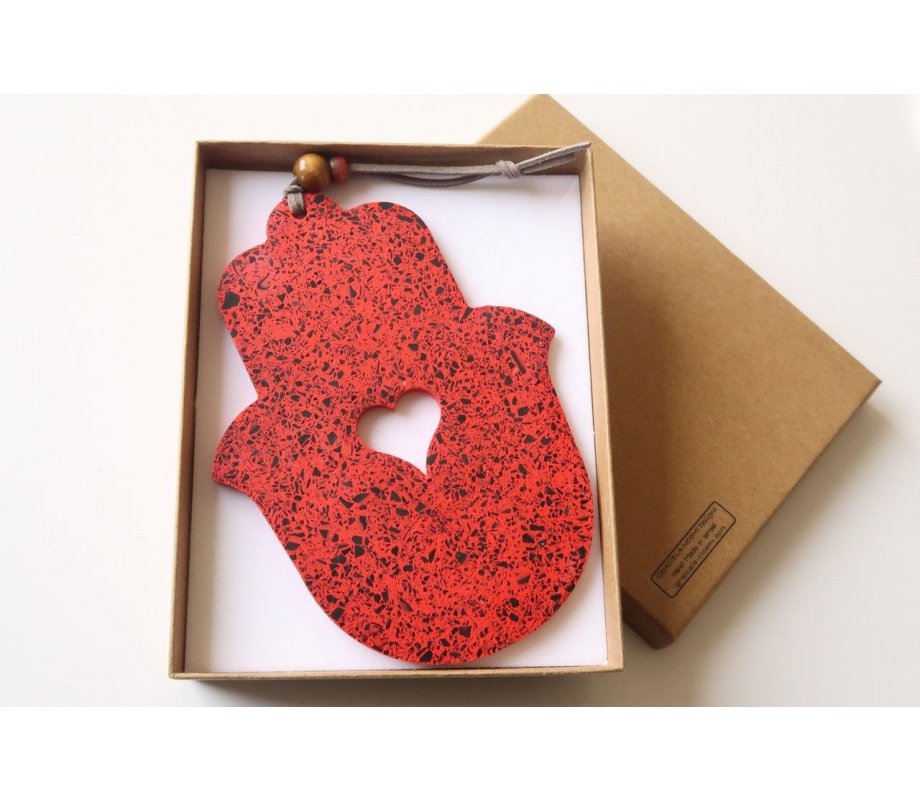 Graciela Noemi Handcrafted Terrazzo Hamsa, Cutout Heart – Red and Black Dots