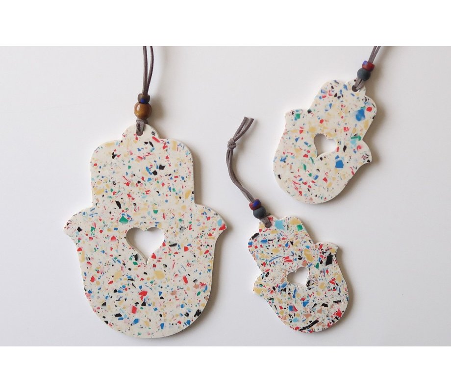 Graciela Noemi Handcrafted Terrazzo Hamsa, Cutout Heart - White and Colored Dots