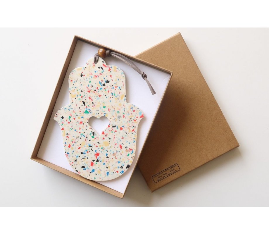 Graciela Noemi Handcrafted Terrazzo Hamsa, Cutout Heart - White and Colored Dots