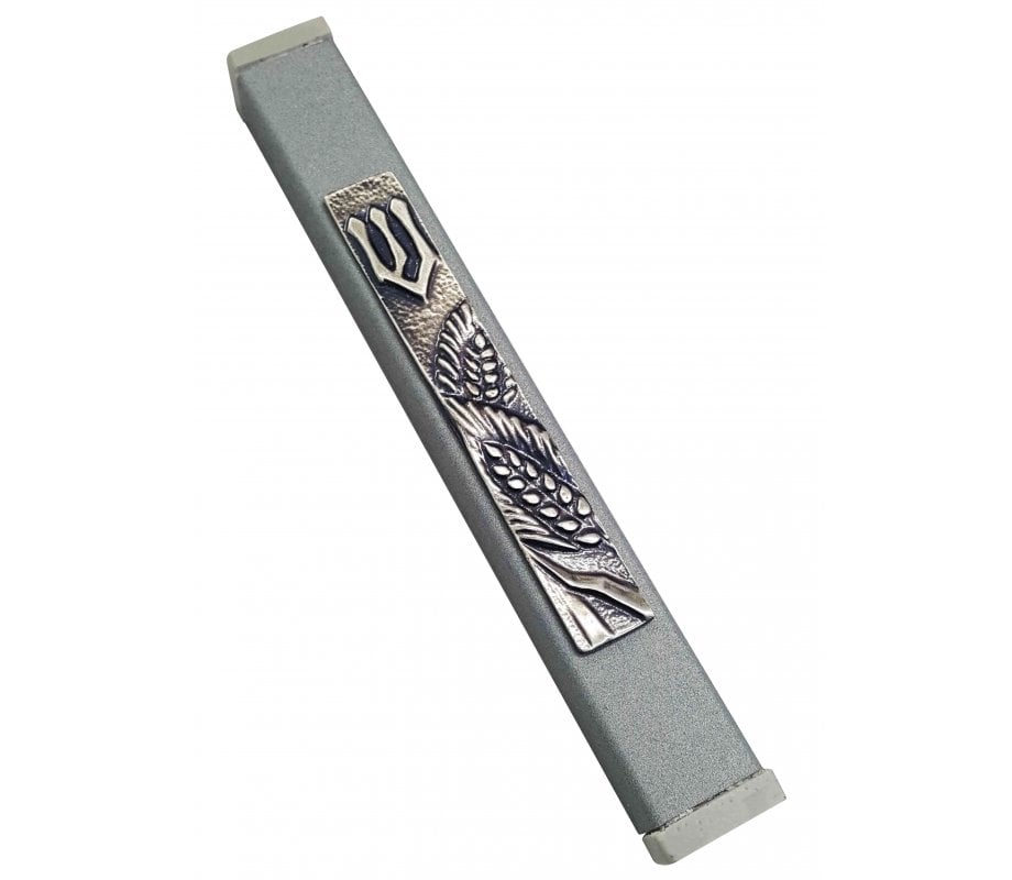 Gray Aluminum Mezuzah Case - Elegant Shin and Wheat Motif