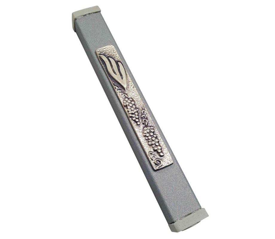 Gray Aluminum Mezuzah Case Elongated Shin - Grape Clusters