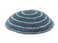Gray DMC Knitted Kippah with Light Blue and White Circular Design