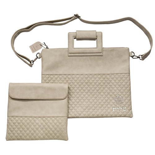 Gray Faux Leather Tallit & Tefillin Bag Set with Shoulder Strap  Diamond Design