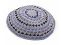 Gray Hand Knitted Premium DMC Cotton Kippah with Black and Blue Stripes