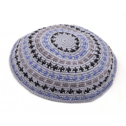 Gray Hand Knitted Premium DMC Cotton Kippah with Black and Blue Stripes