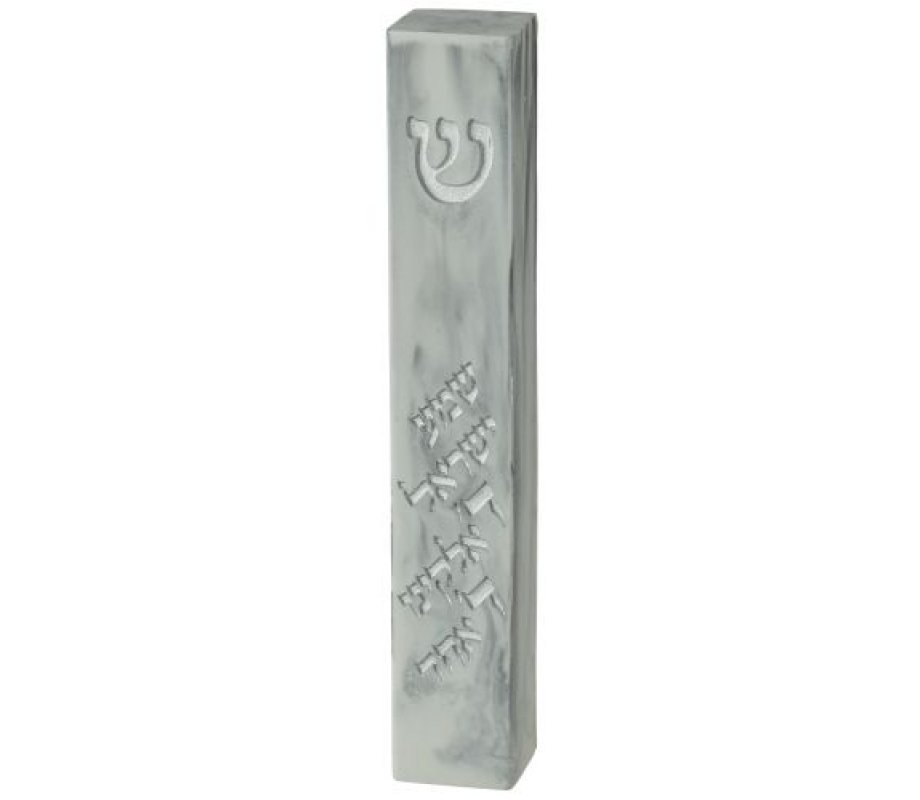 Gray Polyresin Marble Design Mezuzah Case, Shema Prayer Words - 12 cm Scroll