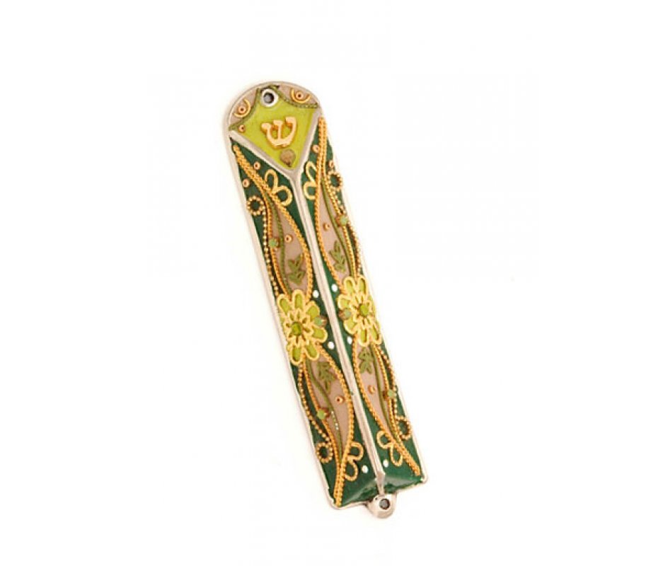 Green Enamel Triangular Mezuzah Case by Shahaf