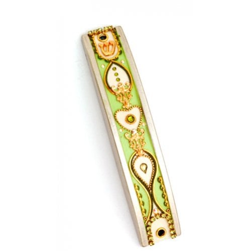 Green and Gold Curved Pewter Mezuzah - Ester Shahaf