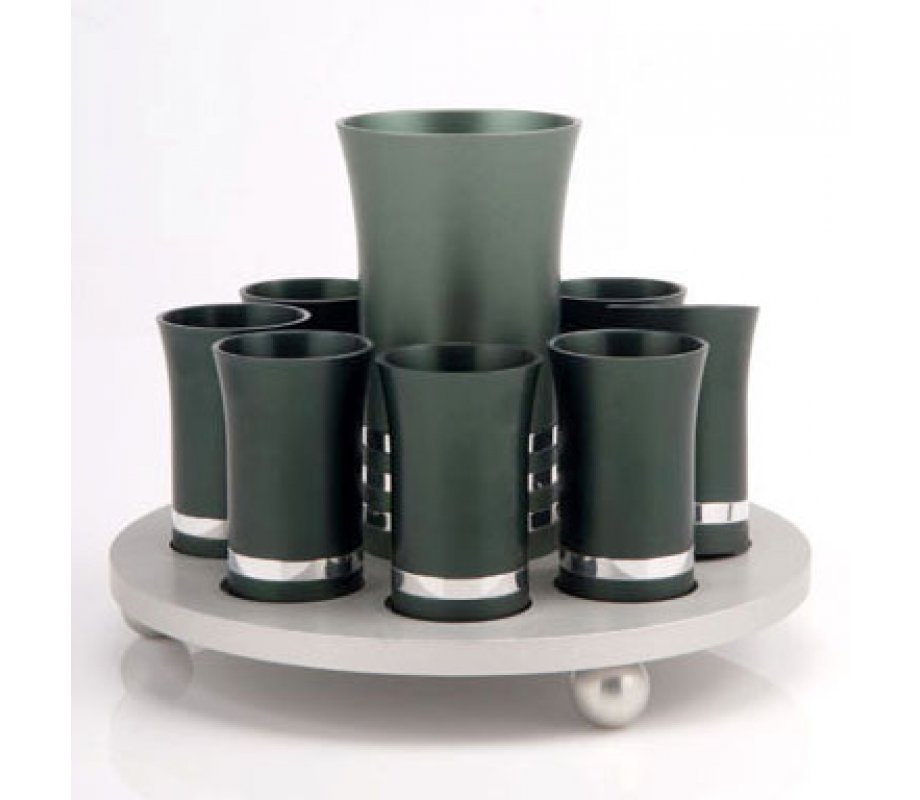 Green-Silver Agayof Kiddush Cup Set with 8 Cups