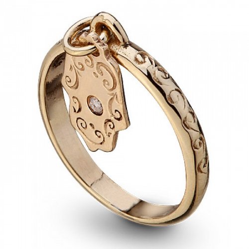 Ha'Ari Gold Kabbalah Ring, Hanging Hamsa with Diamond - for Protection