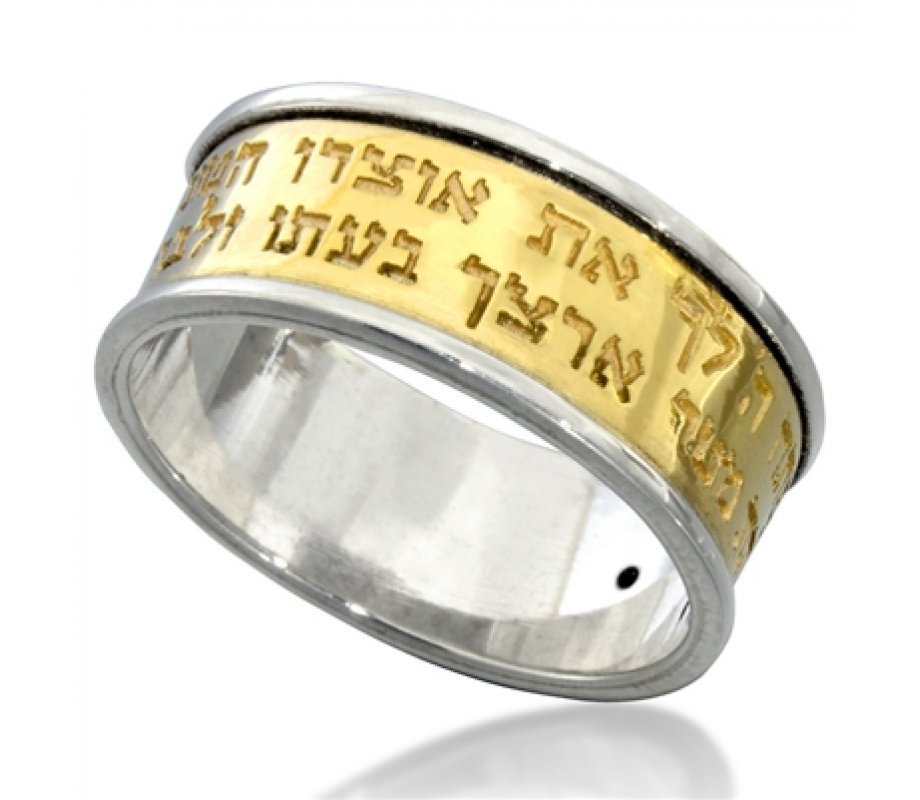 Ha'Ari Gold and Silver Ring with Black Diamond and Prayer for Abundant Blessings