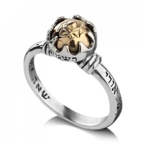 Ha'Ari Kabbalah Ring, Silver and Gold with Five Metals - Verses & Cat's Eye Gem
