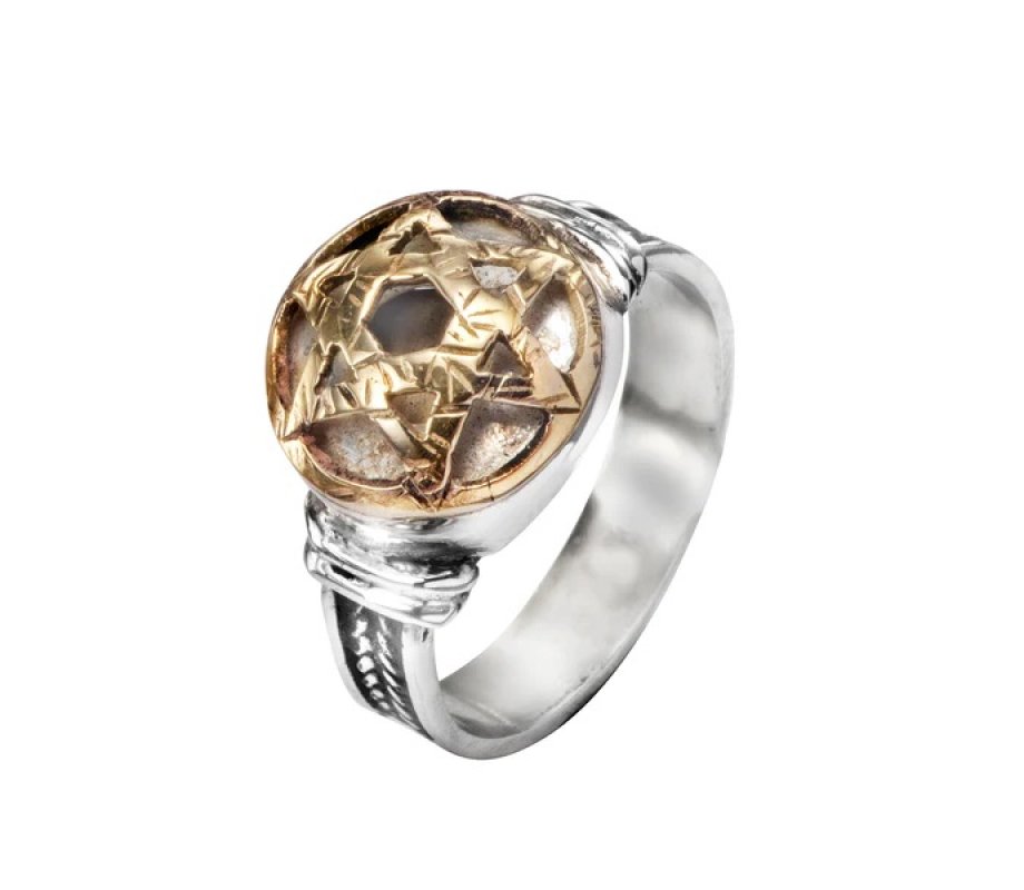 Ha'ari Sterling Silver Kabbalah Ring with Gold Star of David Hidden Five Metals