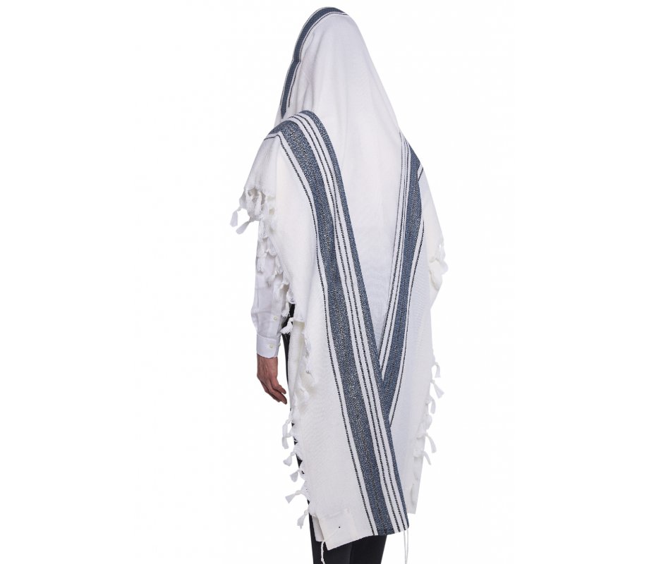 Halleluyah Wool Tallit Non Slip Prayer Shawl - Blue and Black Stripes with Wave Design