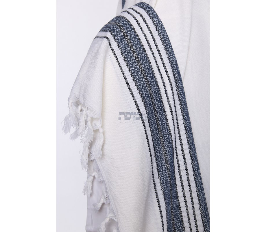 Halleluyah Wool Tallit Non Slip Prayer Shawl - Blue and Black Stripes with Wave Design