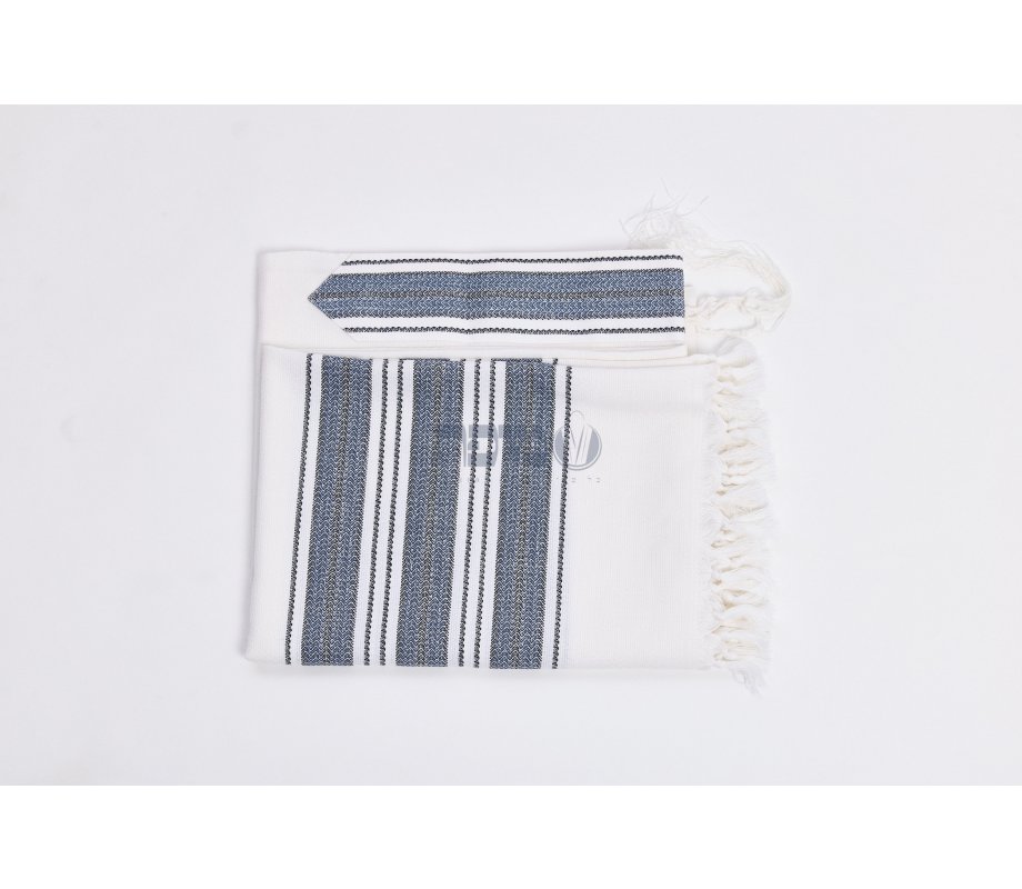 Halleluyah Wool Tallit Non Slip Prayer Shawl - Blue and Black Stripes with Wave Design