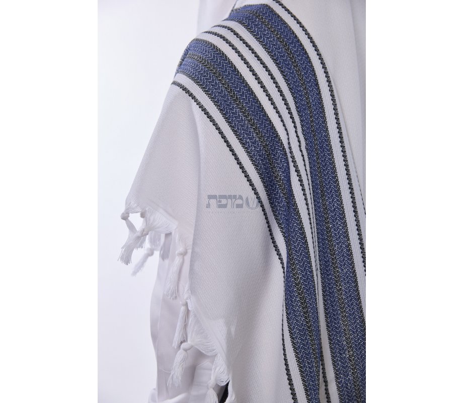 Halleluyah Wool Tallit Non Slip Prayer Shawl - Royal Blue and Black Stripes with Wave Design