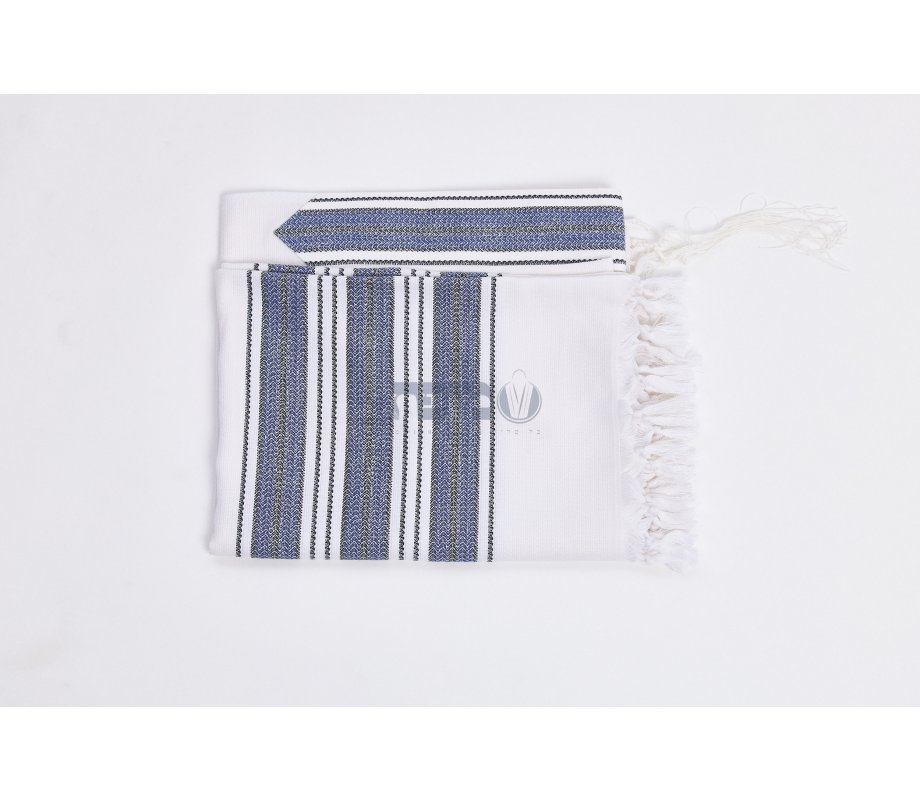 Halleluyah Wool Tallit Non Slip Prayer Shawl - Royal Blue and Black Stripes with Wave Design